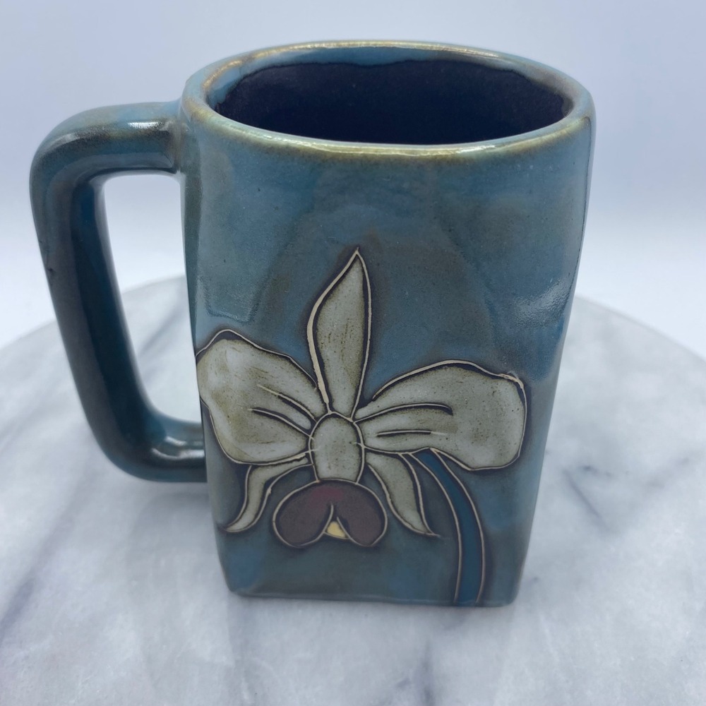 Mara Mexico 12oz Square Stoneware Mug Blue Teal Orchid Flower Artist Signed Hot